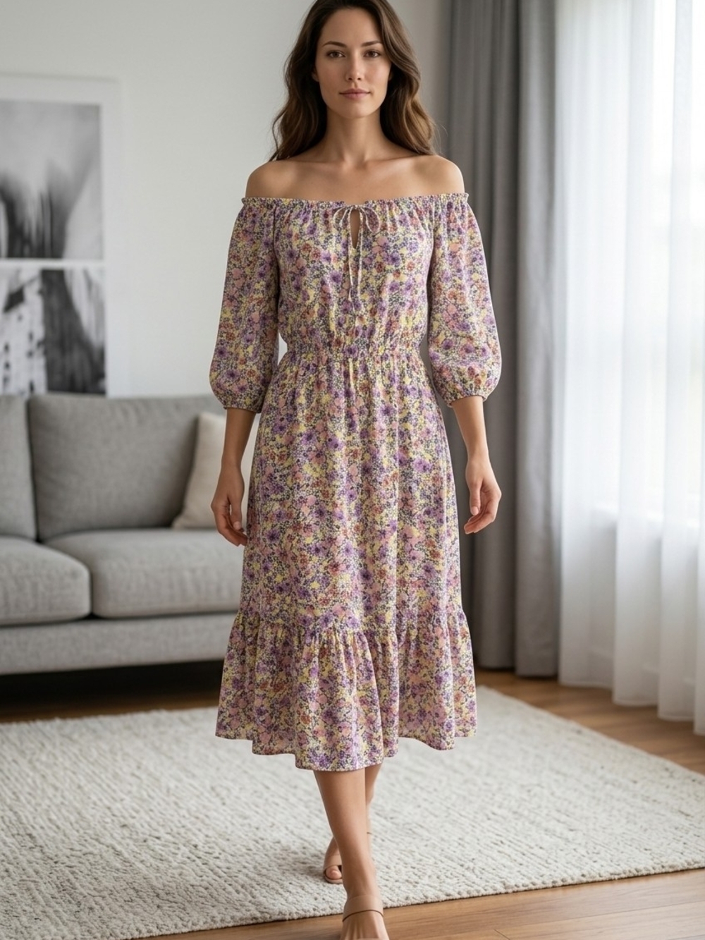 Boohoo Lavender Floral Off-Shoulder Midi Dress